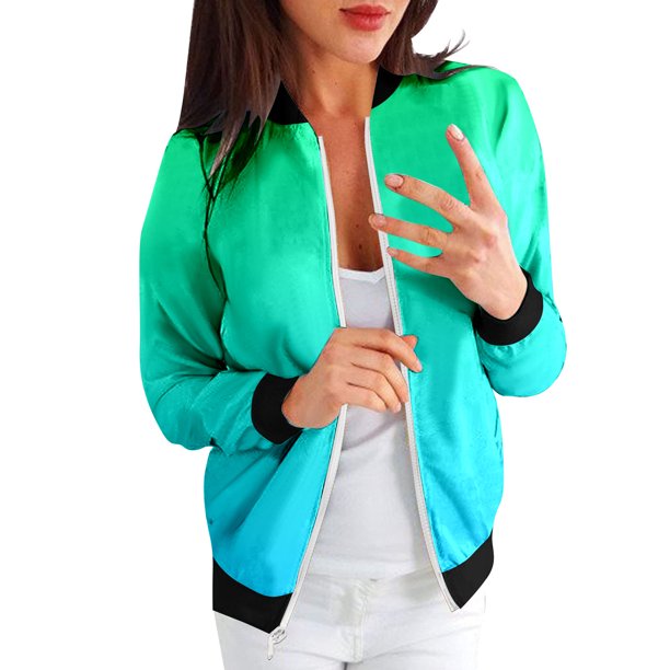 Gibobby Chaquetas tendencia ocio Abrigo suelto para mujer, cuello Rojoondo, cremallera, manga larga, chaqueta clásica con estampado degradado, prendas de vestir informales para uso diario (Aqua, L)