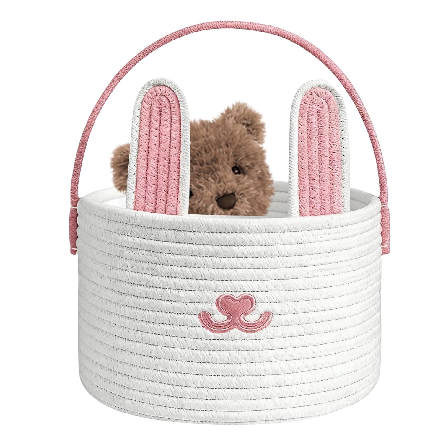 Easter Basket with Bunny Ears - Cotton Rope Easter Bunny Basket for Kids, Easter Egg Hunt Basket & Candy Holder for Boys & Girls, Party, Home & Classroom Decor（pink）