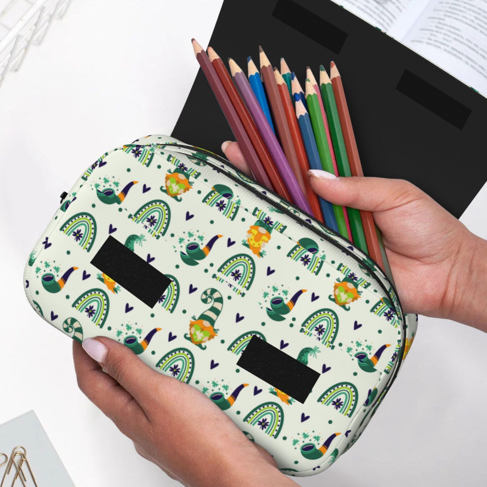 Rateoe St. Patrick's day Pattern Double Clamshell Pen Case, Storage Organizer with Two Zipper Compartments– Holds Up to 50 Pencils & Pens
