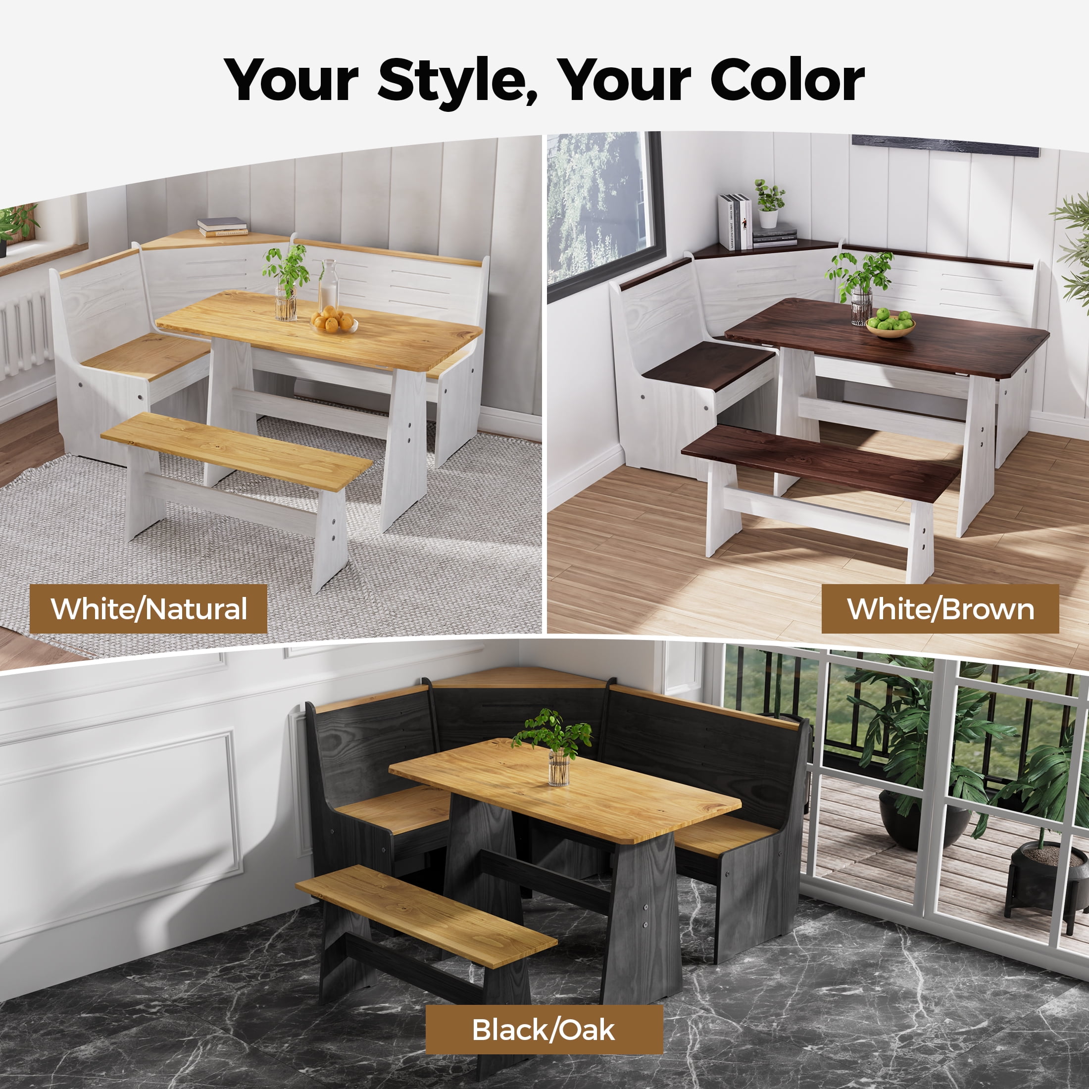Breakfast Nook Kitchen Corner Dining Table Set, Nook Table Dining Room Sets for 3-5 with Bench, Farmhouse Corner Banquette Seating, White/Brown