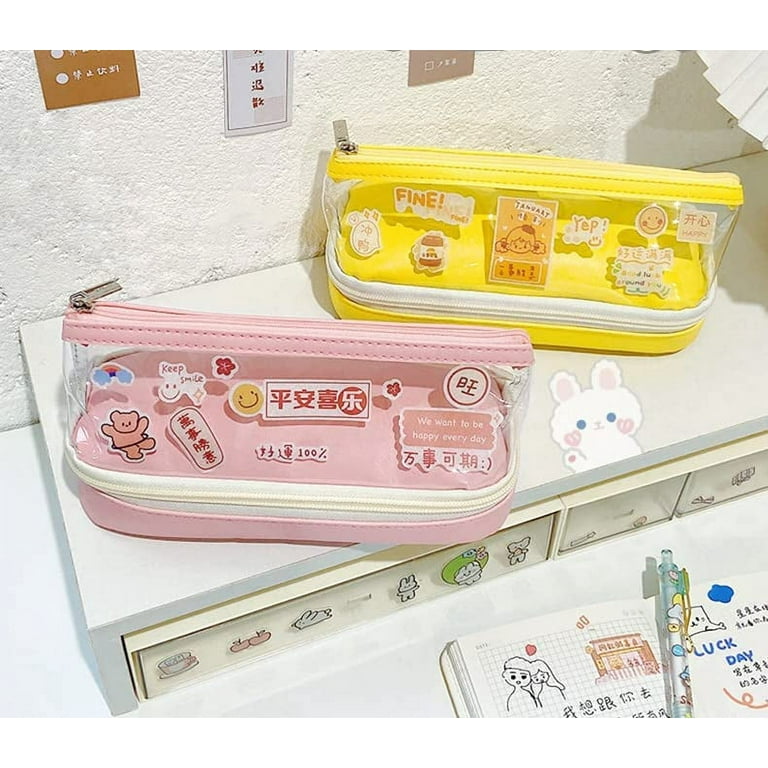 PIKADINGNIS Kawaii Pencil Case with 2pcs Pins Aesthetic Pencil Case Kawaii  Stationary Kawaii School Supplies (Pink) 