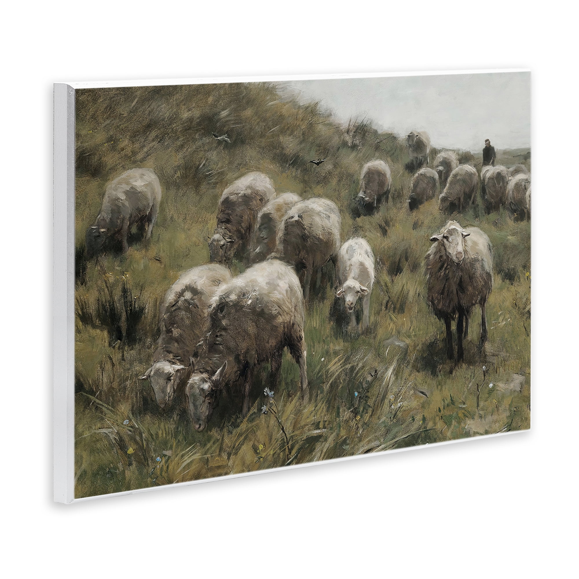 Stupell Industries Sheep At Pasture Landscape Painting Unframed Art Print Wall Art, 19 x 13