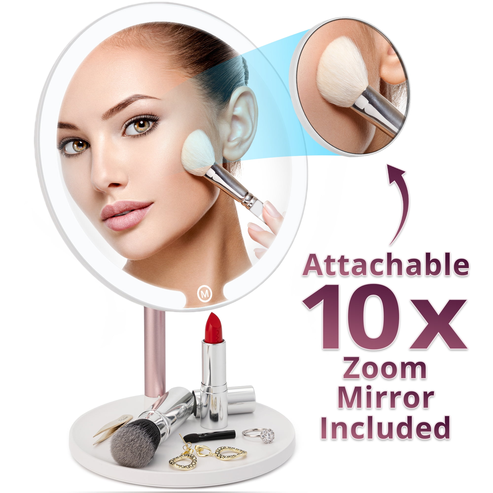 Vanity Makeup Mirror Lighted & Dimmable W/ Small Magnifying Mirror, Convertible Tabletop & Wall Mount by Zoe Deco