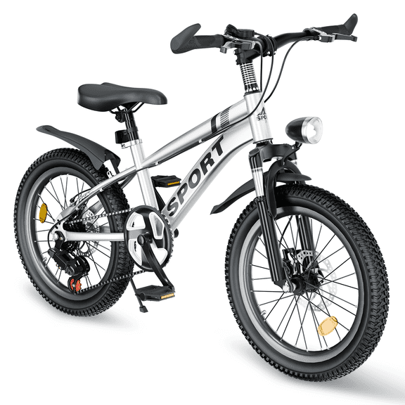 20 Inch Kids Mountain Bike for Boys & Girls Ages 7-12 – 7-Speed Gears, Dual Disc Brakes, Shock Absorber Front Fork, LED Light – Silver & Pink