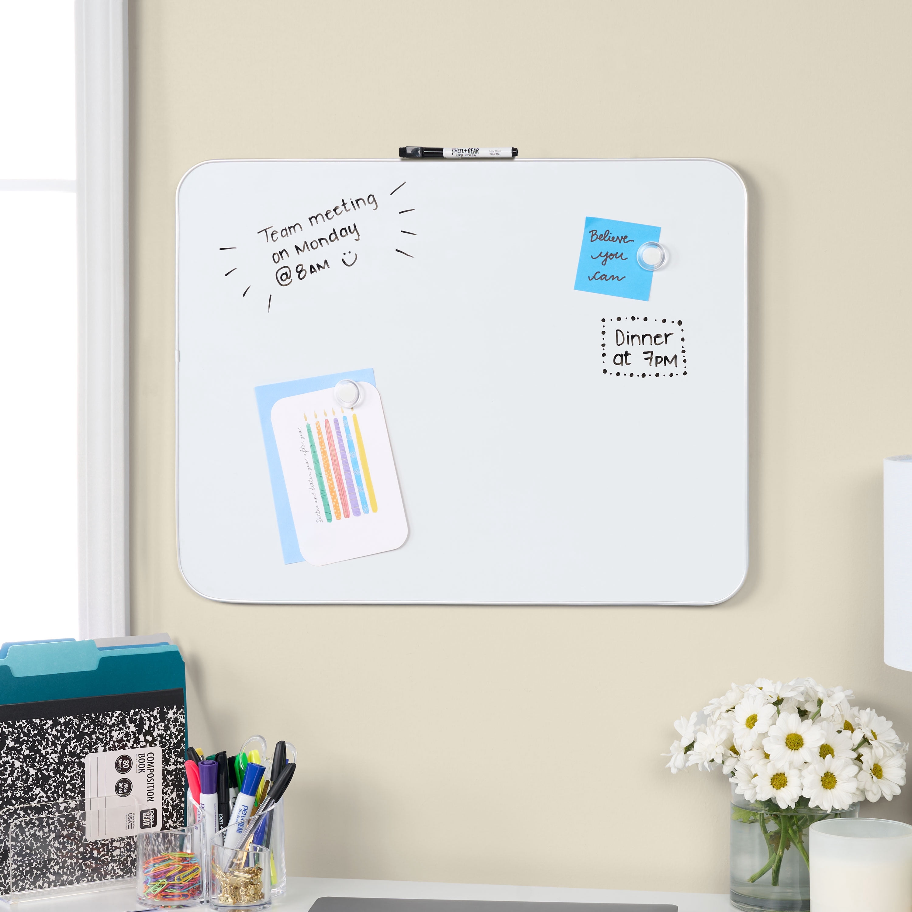 Pen+Gear Magnetic Dry Erase Board with Dry Erase Marker and 2 Magnets, White, 17" x 23"