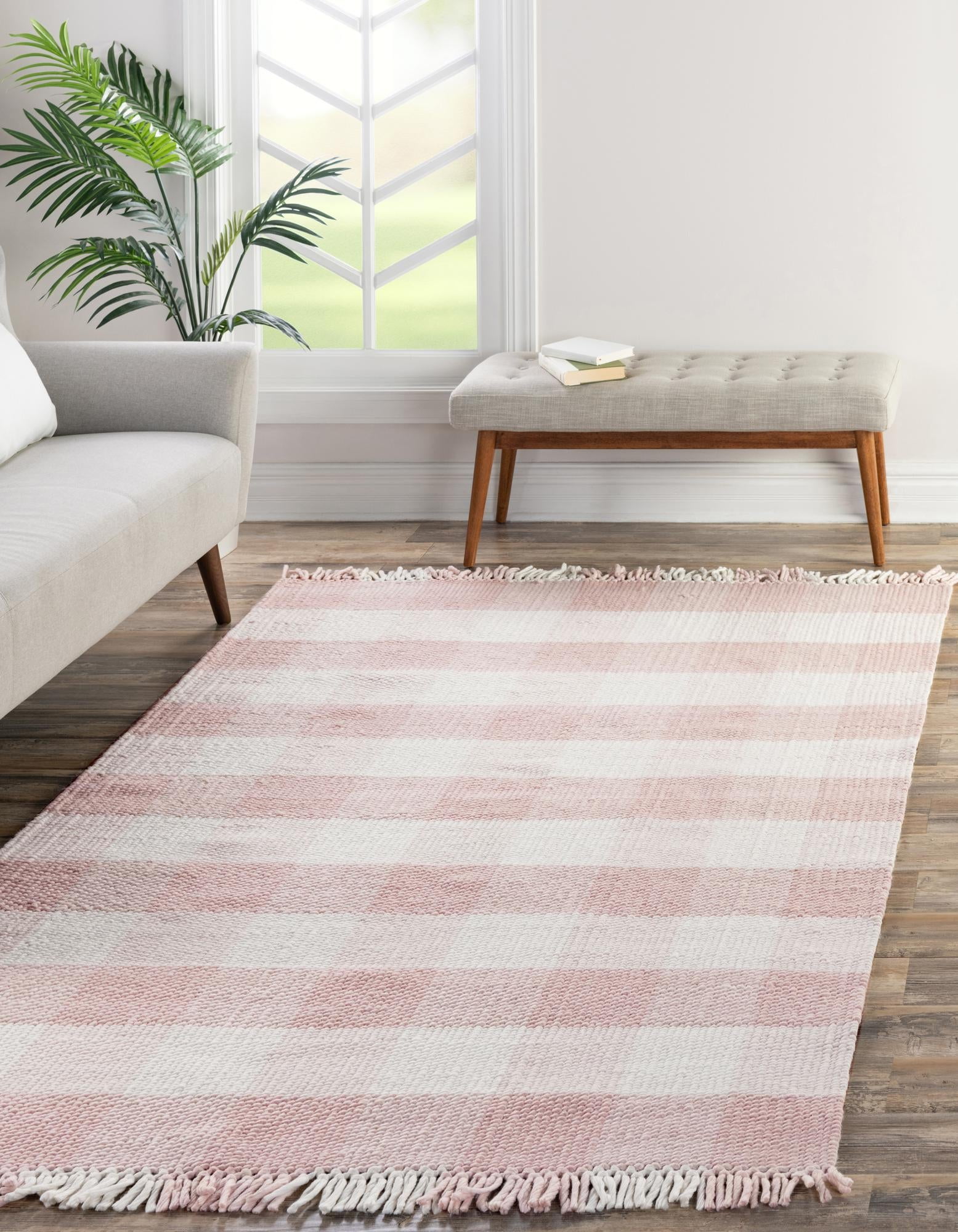 Unique Loom Eco Plaid Indoor Outdoor Washable Collection Area Rug - Balmoral (6' 1" x 9' Rectangle Pink/Ivory)