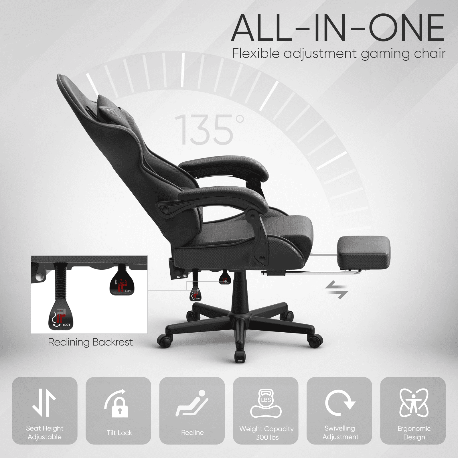 Huracan Gaming Chair with Footrest, Adjustable Height Computer Office Chair with Massage Lumbar Pillow&Headrest, Ergonomic High Back Leather Gamer Game Desk Chair for Adults,Black