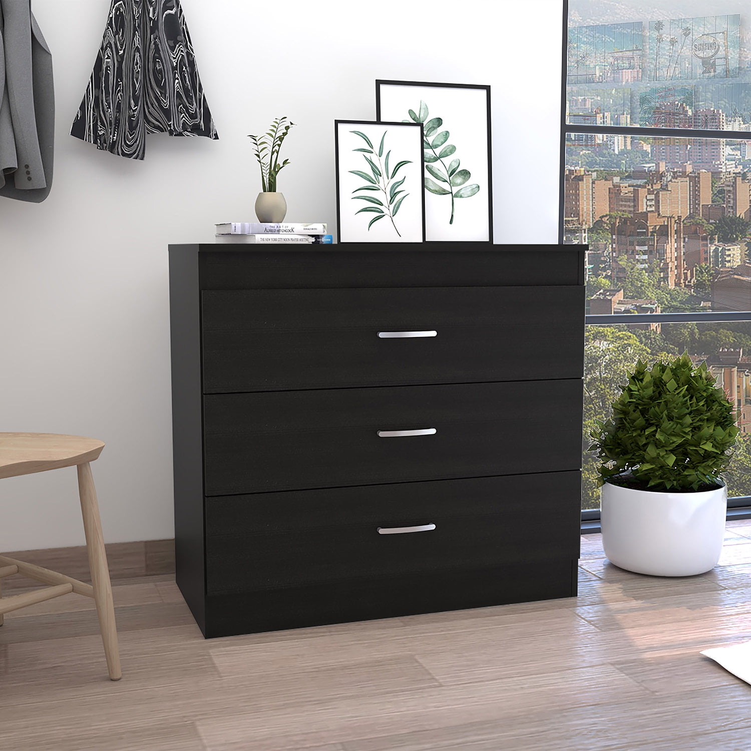 Kadyn Three Drawer Dresser, Chest of Drawers with Metal Hardware, Nightstand for Living Room, Black Storage Cabinet Kadyn Three Drawer Dresser, Chest of Drawers with Metal Hardware, Nightstand for Living Room, Black Storage Cabinet