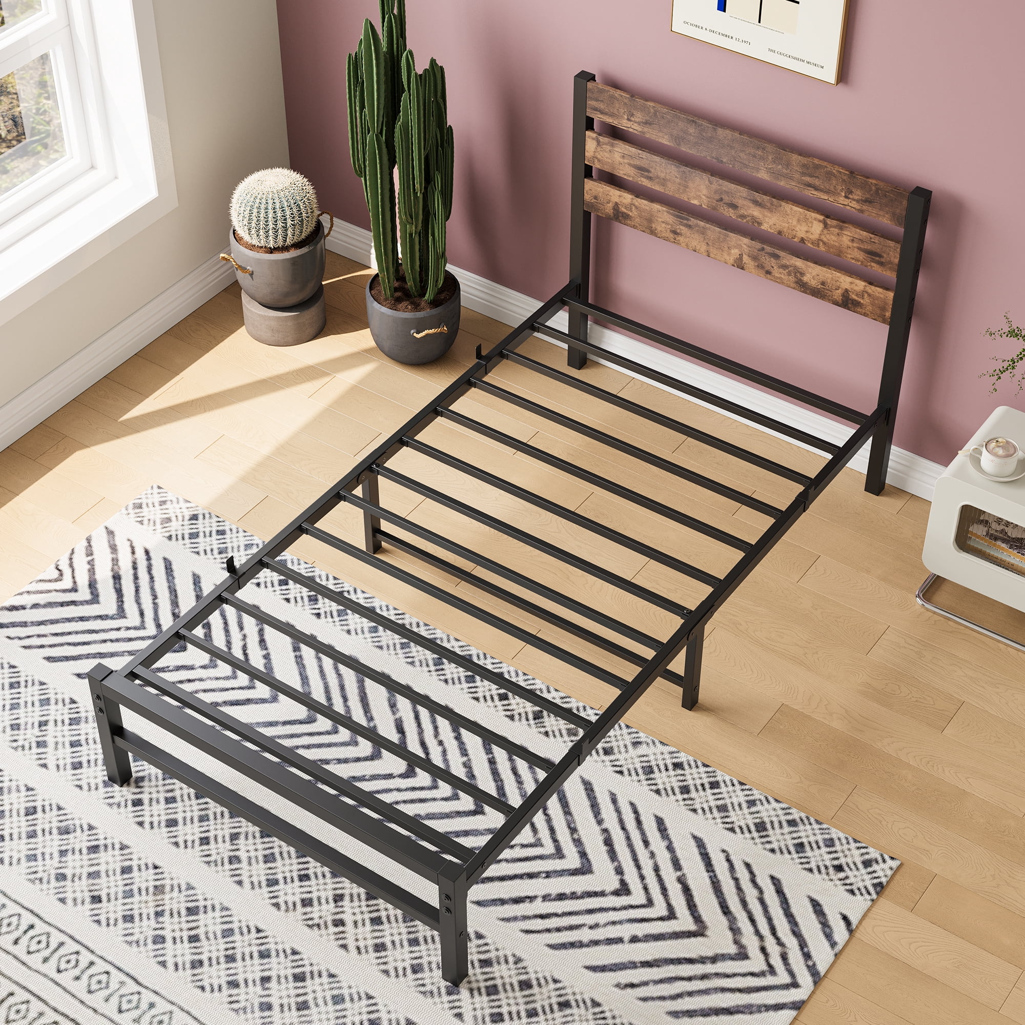 Mintazer Twin Metal Platform Bed Frame with Headboard & Under-Bed Storage for Kids Childs Teens, Brown
