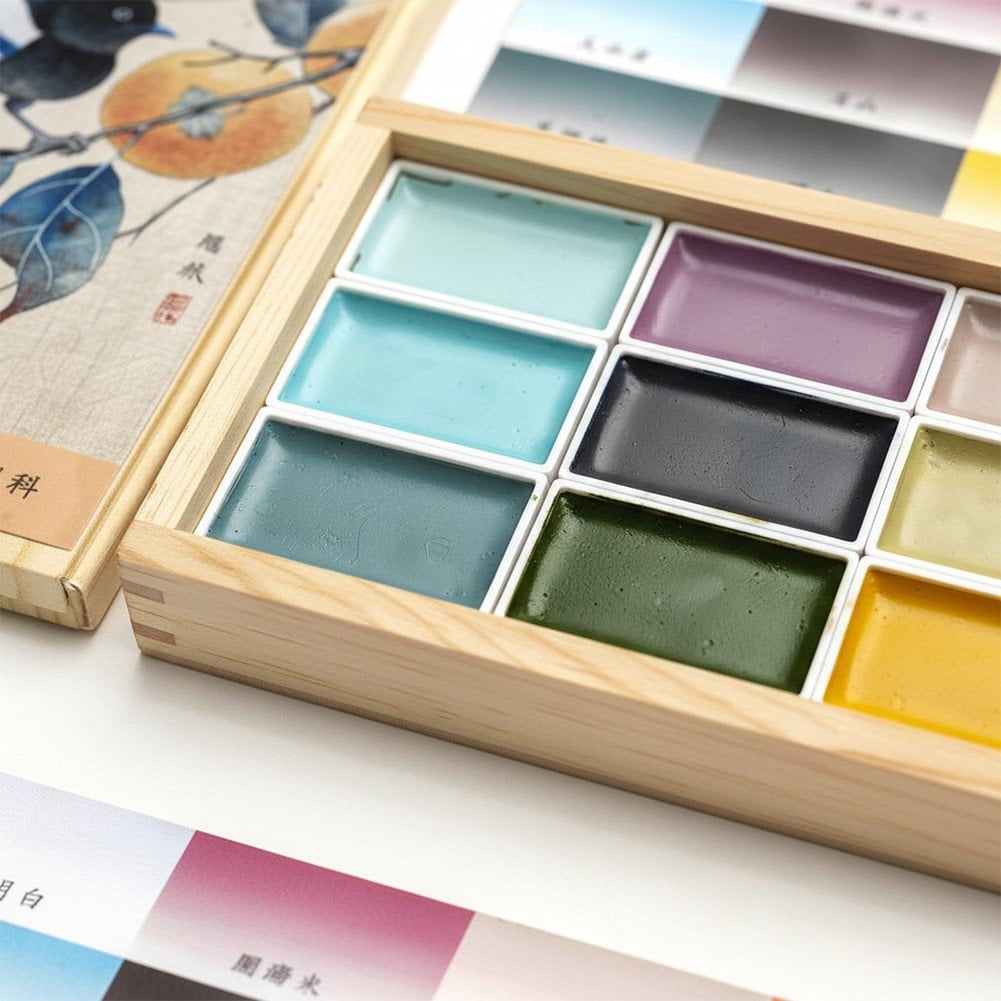 Slccxzc Traditional Chinese Watercolor Paint Set, 12 Vibrant Solid Colors Travel Art Kit