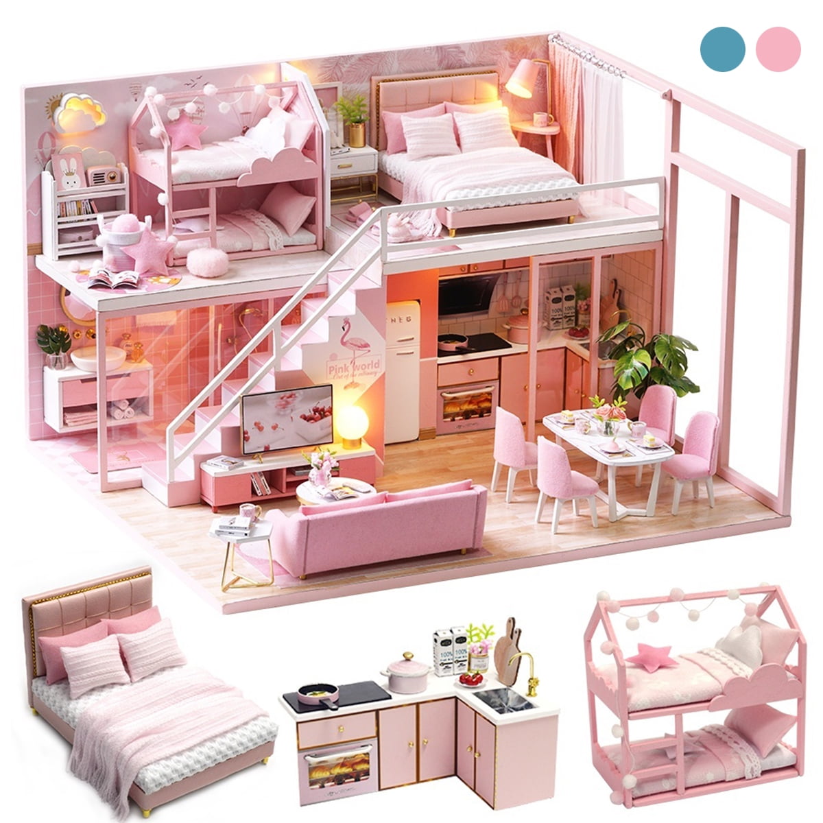 KISSTAKER Dollhouse Miniature Kit-Mini DIY Wooden Loft House with Furniture,Dust-Proof Cover,Music Movement,Assemble Tool,1:24 Scale for Teens Adults
