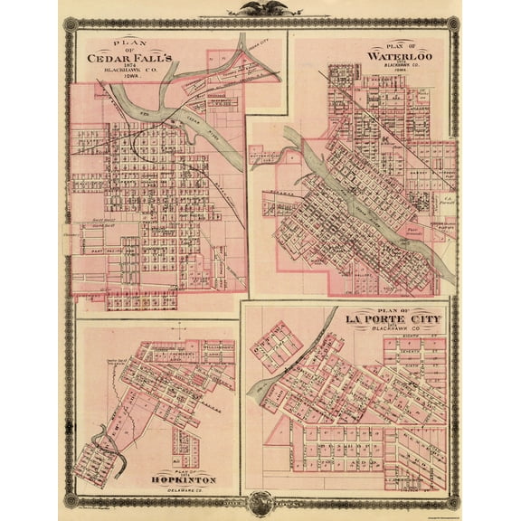 Historic City Map - Cedar Falls Waterloo Iowa - Andreas 1874 - 23 x 29.63 - Vintage Wall Art