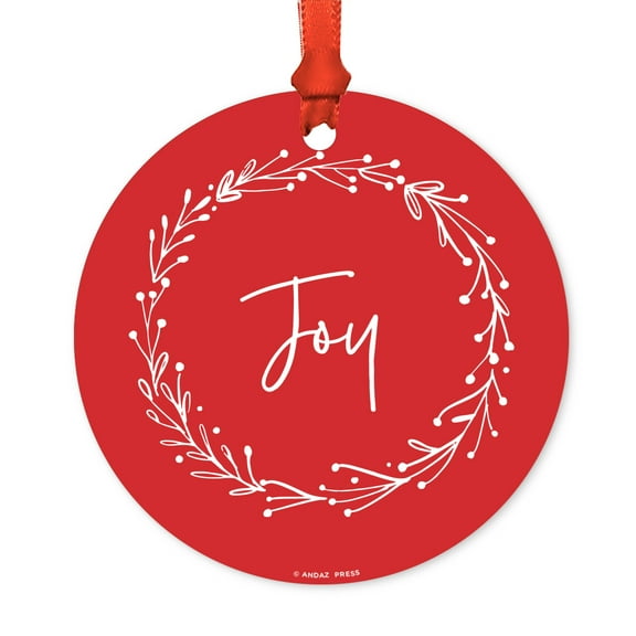 Elegant Scripted Calligraphy Round Metal Christmas Ornament, Joy, Includes Ribbon and Gift Bag