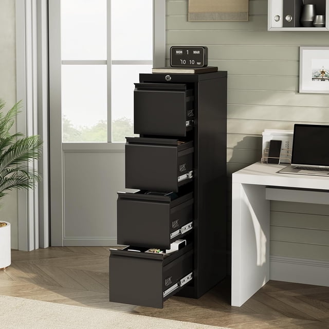 4 Drawer File Cabinet with Lock, Metal Filing Cabinets, Vertical Small Filing Cabinet Steel Lockable Storage Cabinets for Home Office, Legal/Letter Size File