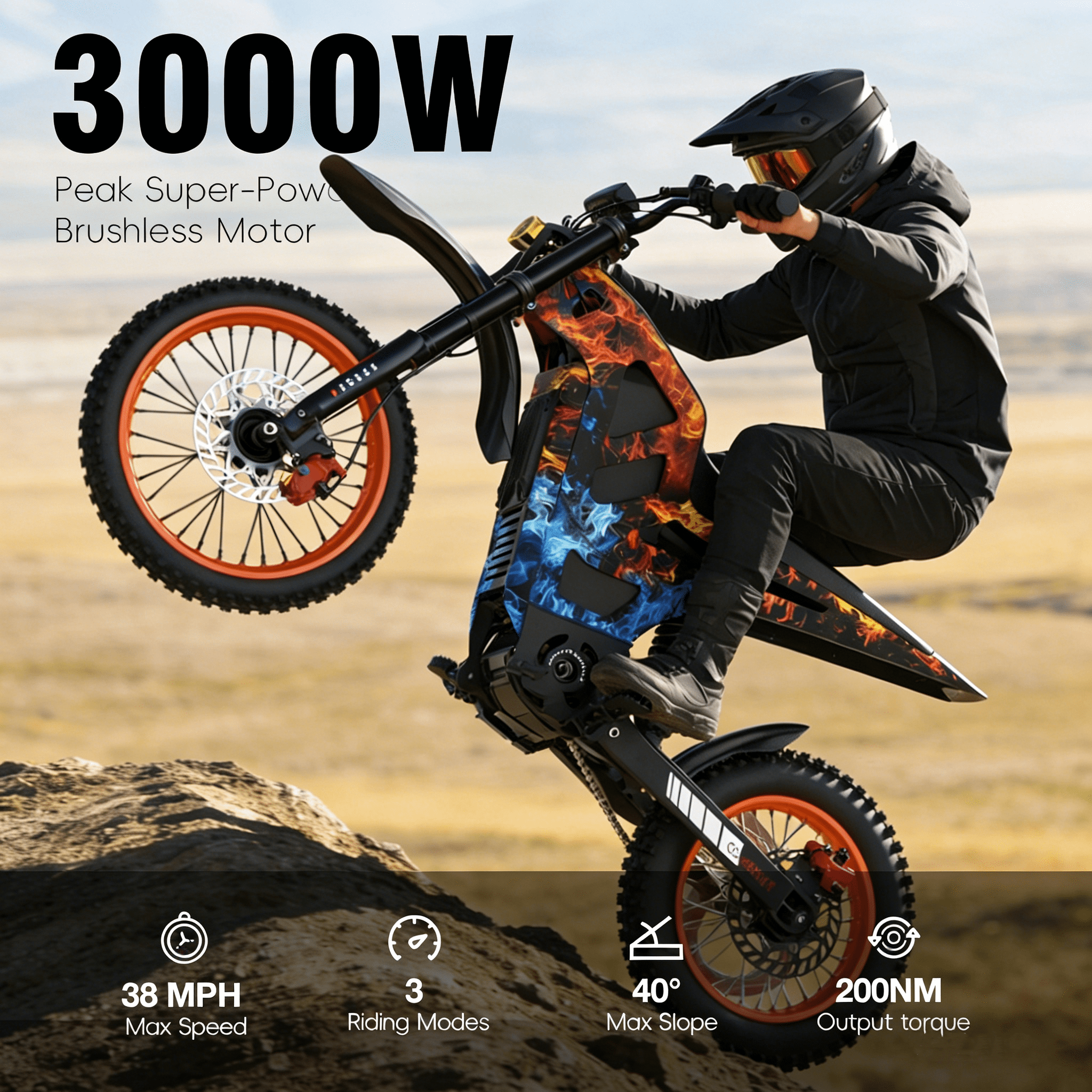 GOLUCKY Electric Dirt Bike for Teens Adults, 3000W Motor, 38MPH & 48Mile, 48V/21AH Removable Battery, 14"/12" Fat Tire, Hydraulic off-Road for Age 13+