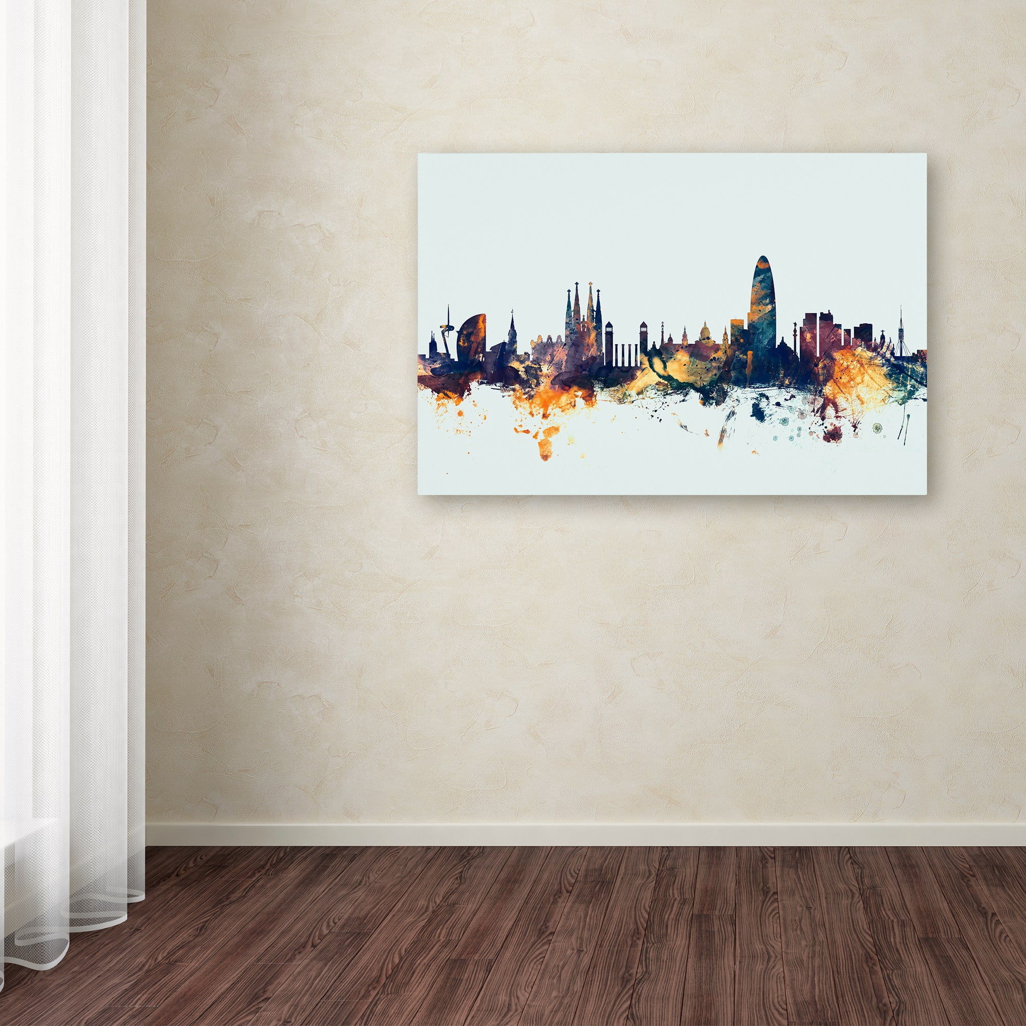 "Barcelona Spain Skyline Blue" Canvas Art by Michael Tompsett