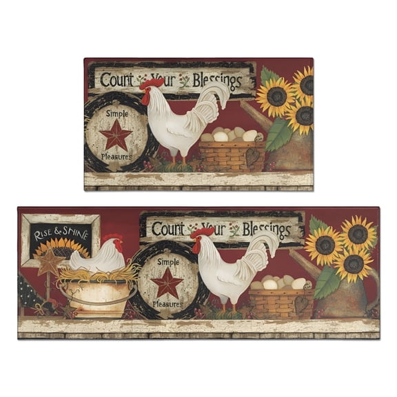 LAMIRO Kitchen Rugs and Mats Set of 2,Rooster Kitchen Mat,Seasonal Holiday Cooking Sets Washable Non-Slip Floor Mats for Home Kitchen Decor - 17x29 and 17x47"