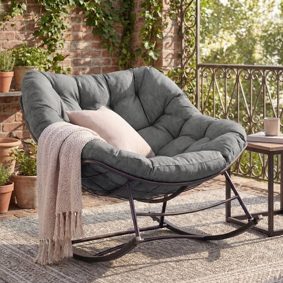 EDX Indoor Outdoor Papasan Rocking Chair,Oversized Padded Egg Chair with Cushion,450 lbs Capacity, Anti-Slip Quiet Rocker for Bedroom Living Room Balcony Garden, 48"D x 44"W x 36"H,Gray