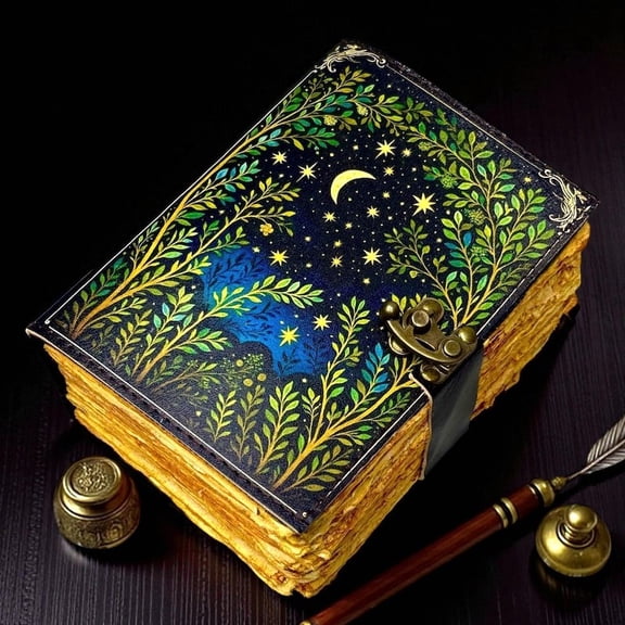 Moon Tree Leather Book of Shadows – Handmade 5x7 Inch Journal, 200 Handmade Deckle Pages, Wiccan Pagan Grimoire, Witchcraft Spellbook