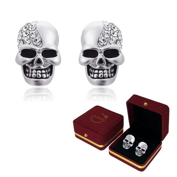925 Sterling Silver Skull Earrings Gothic Skull Rose Stud Earrings for Men Black Diamond Eye Skull Jewelry Women Hypoallergenic Halloween Earrings Gift,Silver