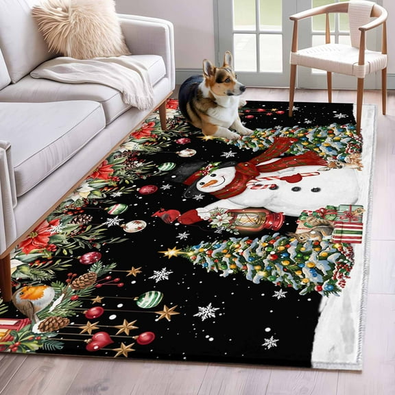 Black Christmas Area Rug 4x6 Washable Rug Non Slip Snowman Xmas Tree Ball Snowflake Winter Large Area Rug Indoor Floor Carpet for Entryway Bedroom Kitchen Living Room Home Office Dining Room Nursery