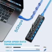 USB Hub 3.0, 7 Port USB Hub Splitter with Individual On/Off LED Switches 2.1ft Extended Long Cable for Laptop, MacBook, Surface Pro