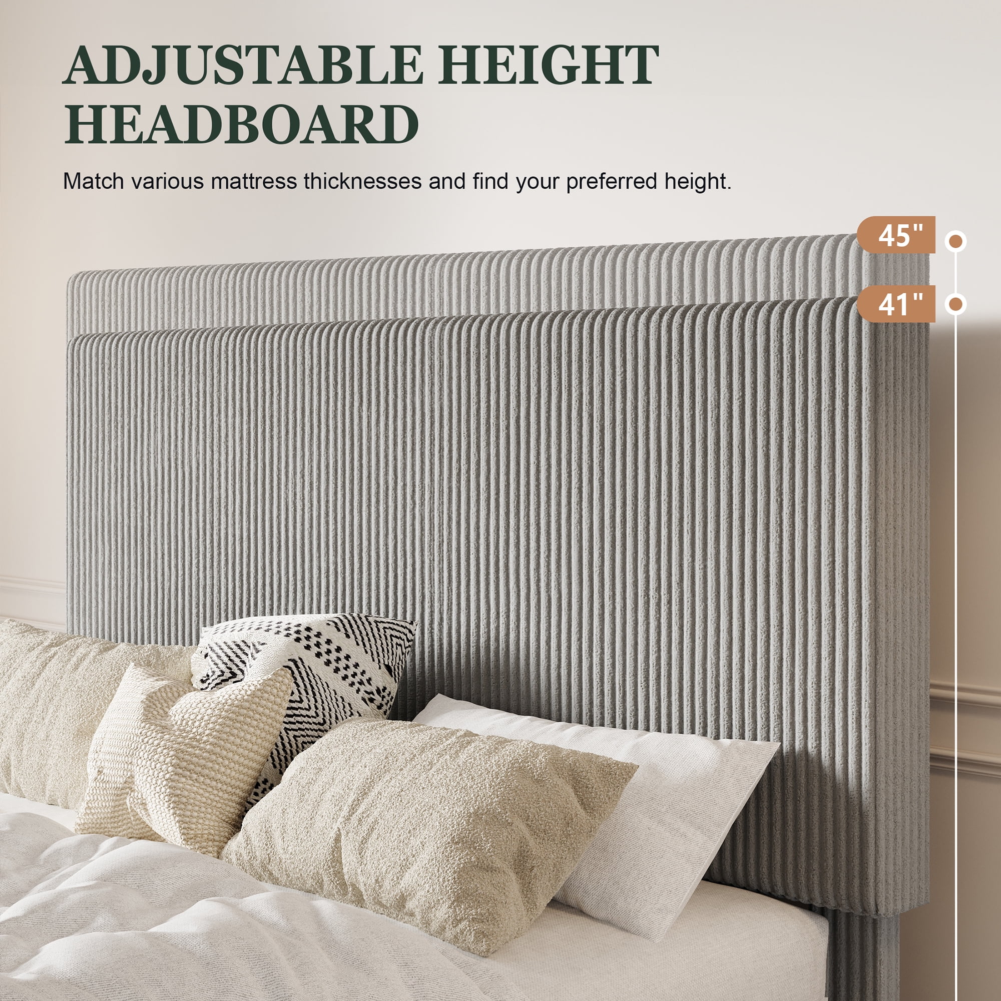 Amolife Queen Size Upholstered Platform Bed Frame with Adjustable Height Headboard, Noise-Free, Light Grey
