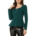 thumbnail image 1 of INSPIRE CHIC Blouse à Encolure Carrée pour Femme, Boutons devant, Basque, Tricot, Manches Longues, Vert Foncé, S, 1 of 5