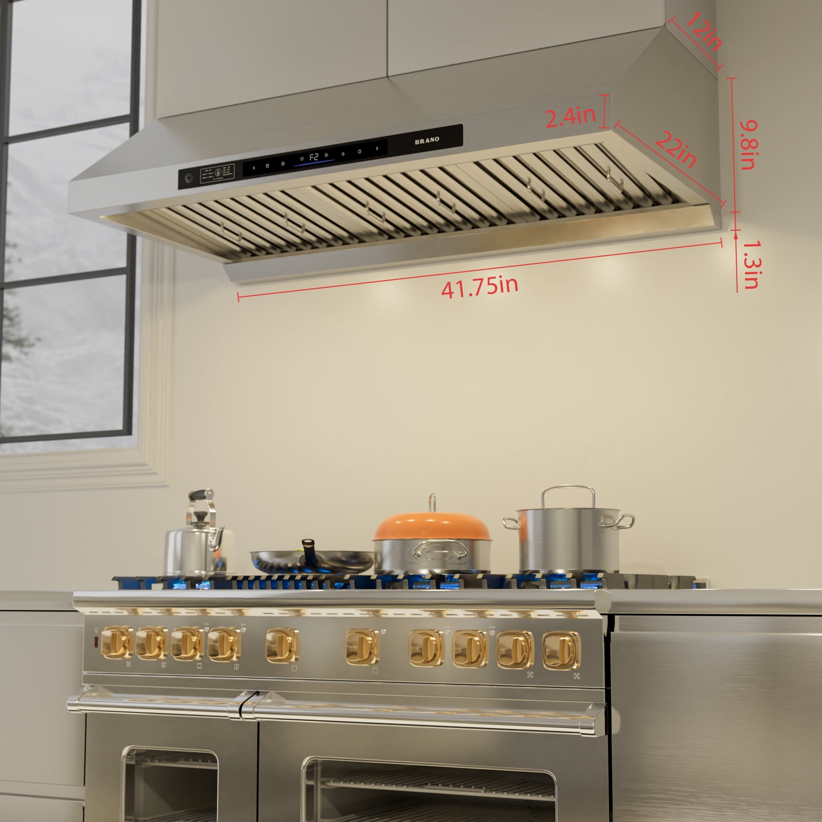 BRANO  42" Under Cabinet Range Hood, 1200 CFM, Brushless DC Motor, 6-Speed, Voice & Motion Control, Stainless Steel, LED, Baffle Filters