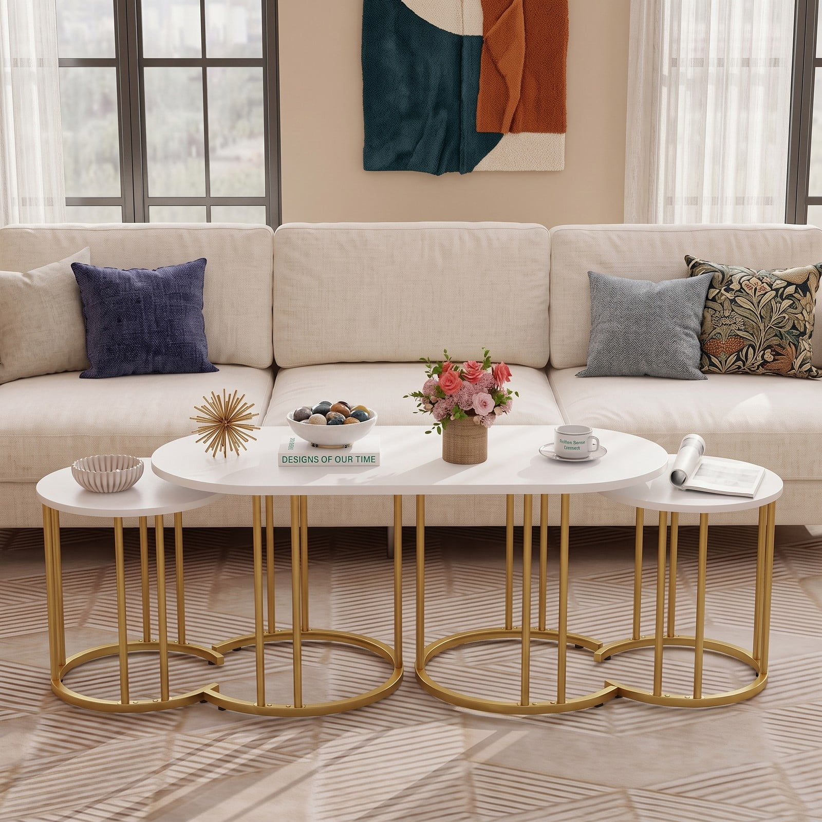 Furnibear Nesting Coffee Table Set of 3, Faux Marble Coffee Tables with Powder-Coated Gold Metal Frame, Modern Space-Saving Stackable End Side Tables for, White & Gold