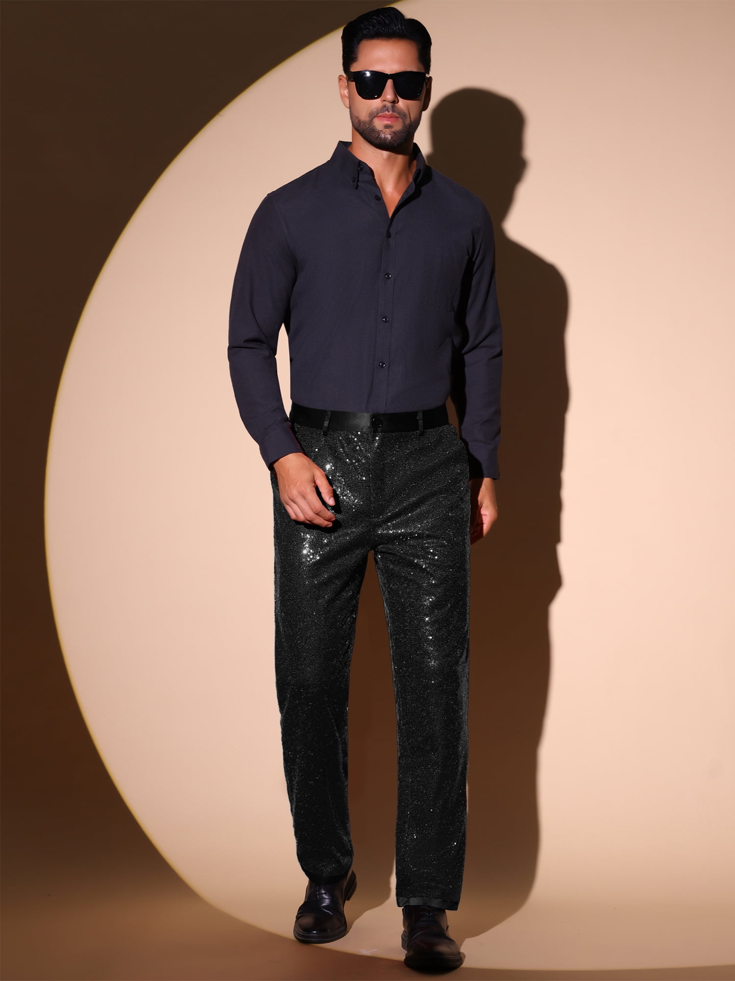 DARING DIVA Men's Shiny Sequin Pants with Straight Leg Design Pants 32 Black