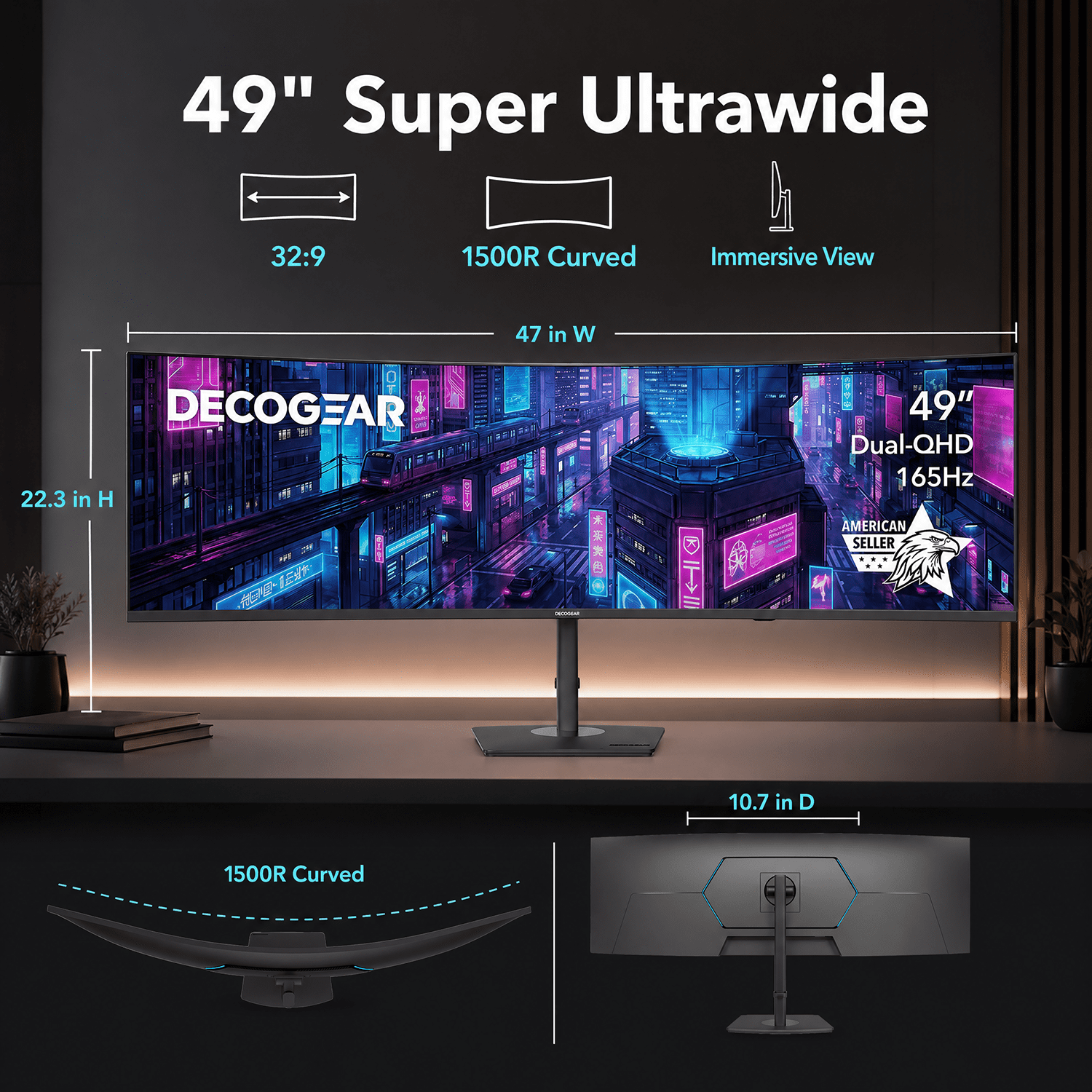 Deco Gear 49" Curved Ultrawide DQHD Monitor, 5120×1440, 165Hz, 1ms MPRT, 32:9, 1500R, HDR, Adaptive Sync, USB-C, HDMI 2.1, DisplayPort 1.4, PIP/PBP, RGB Lighting