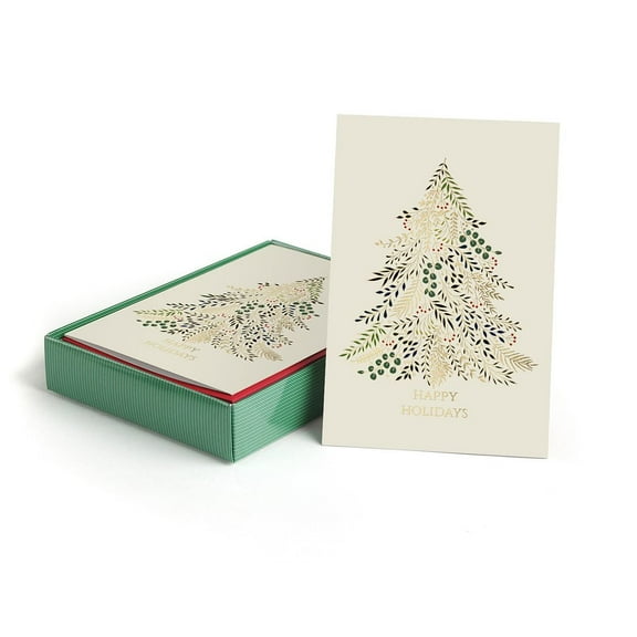Masterpiece Gilded Greenery Gold Foil Christmas Card Set / 16 Boxed Holiday Cards With Coordinating Red Envelopes / 4" x 6" Folded Greeting Cards With Inside Verse
