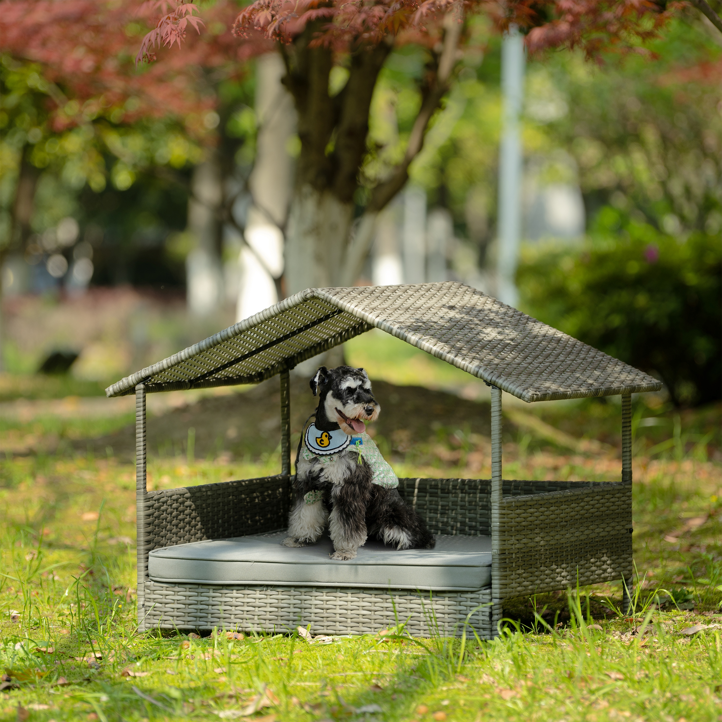 ZephyPaws 38.5" Dog Bed with Canopy, PE Wicker Patio Pet Bed, Elevated Indoor/Outdoor Lounger with 2" Cushion, UV-Resistant, Powder-Coated Metal Frame, Zippered Washable Cover, Dark Gray