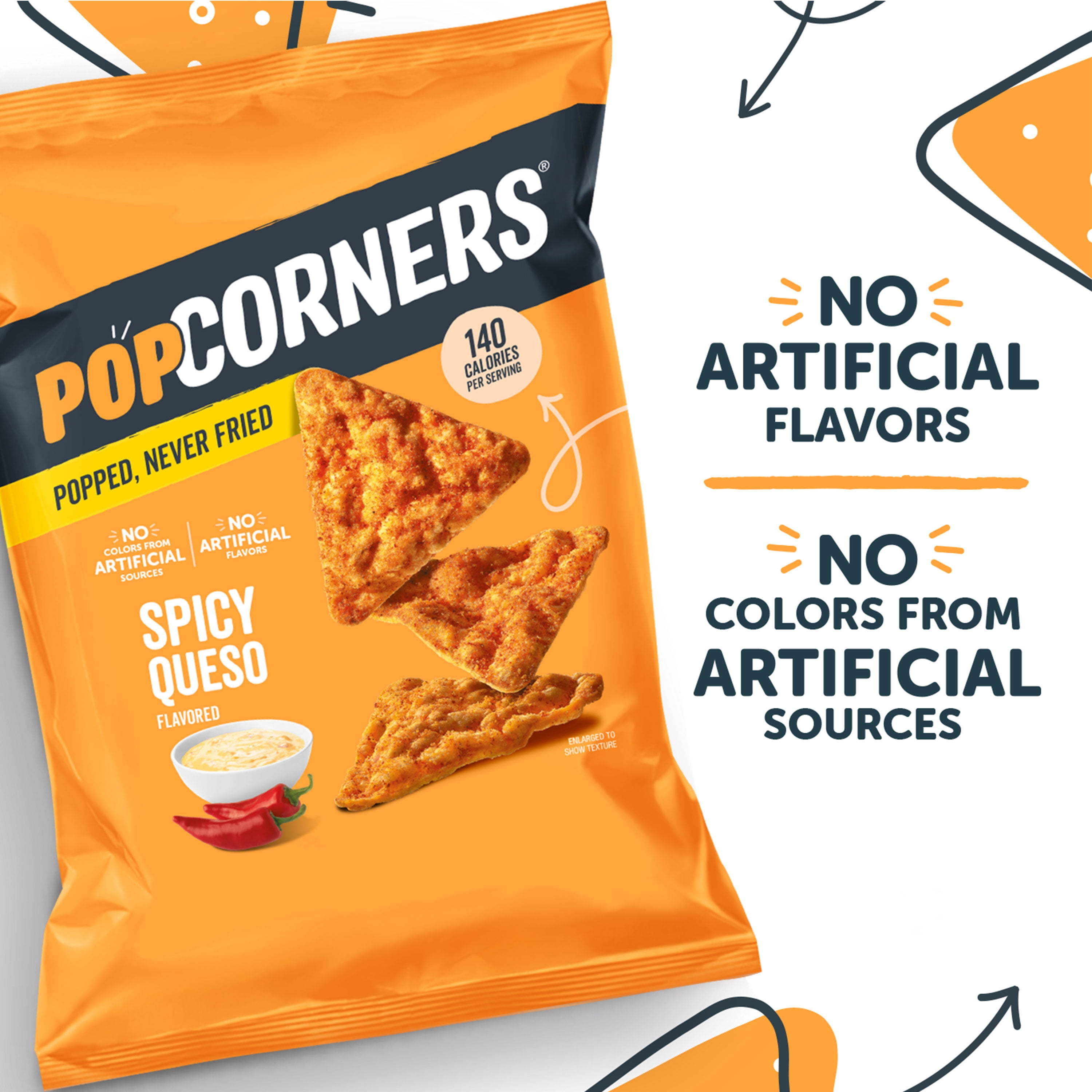 (3 pack) PopCorners No Artificial Colors or Flavors Spicy Queso Popped Corn Chips Bag, 7 oz​