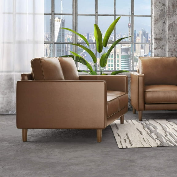 Leather Loveseat 55" Wide - Modern Small Couch, Chestnut Brown, Living Room Sofa