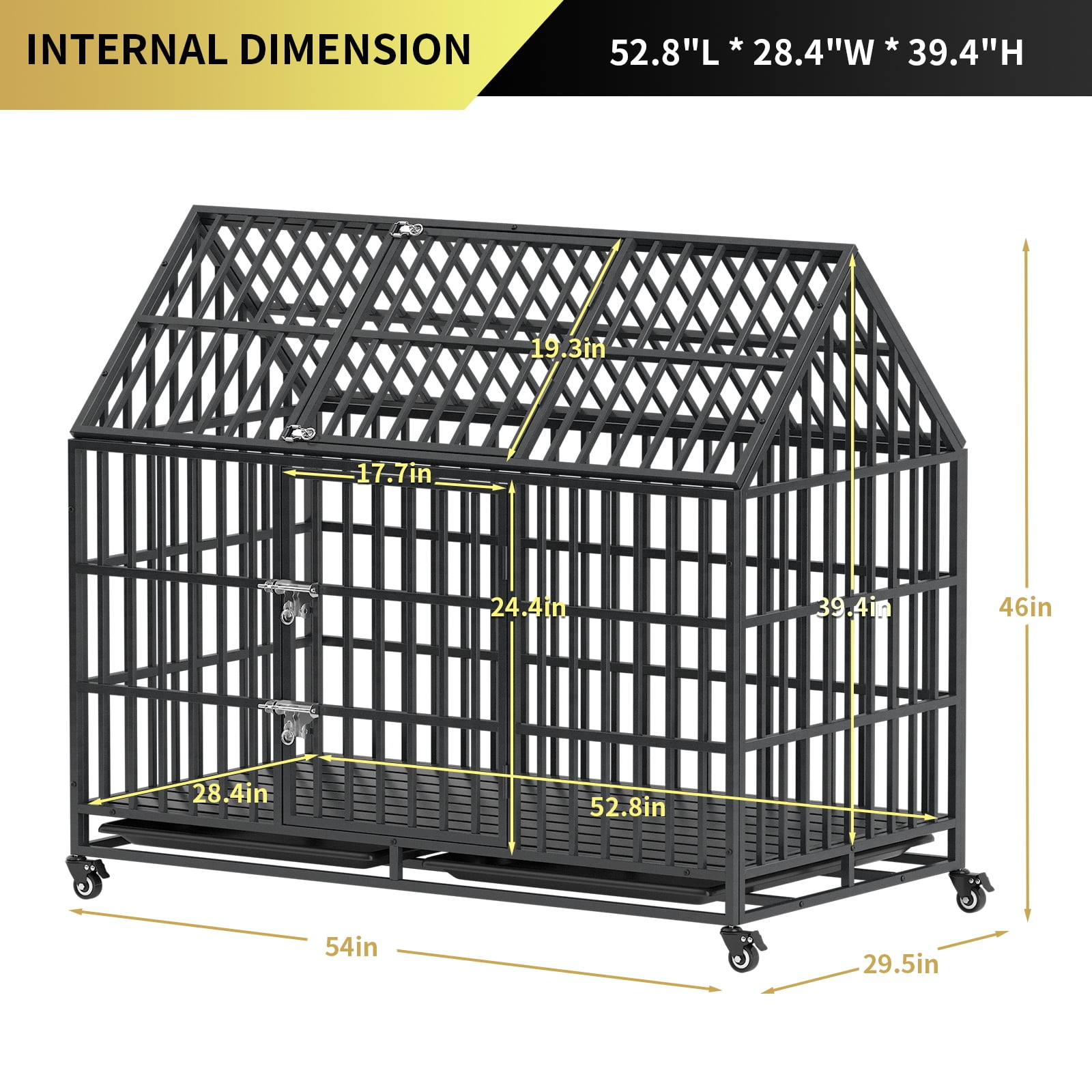 54 Inch Heavy Duty Dog Crate Extra Large Dog Cage Kennel, Indestructible XXL Dog Crate with Roof Top, Trays and Wheels, Escape Proof for High Anxiety Giant Dogs