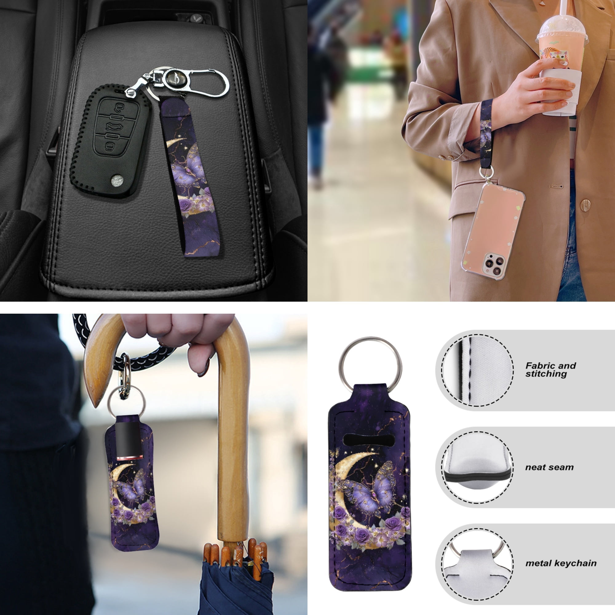 Jeiento Butterfly Car Accessories Full Set Car Seat Cover Steering Wheel Cup Holder Armrest Pad Moon Keychain Lipstick Holder Purple Interior Auto Decor Fit Most Cars Truck SUV Van Sedan, 13 PCS