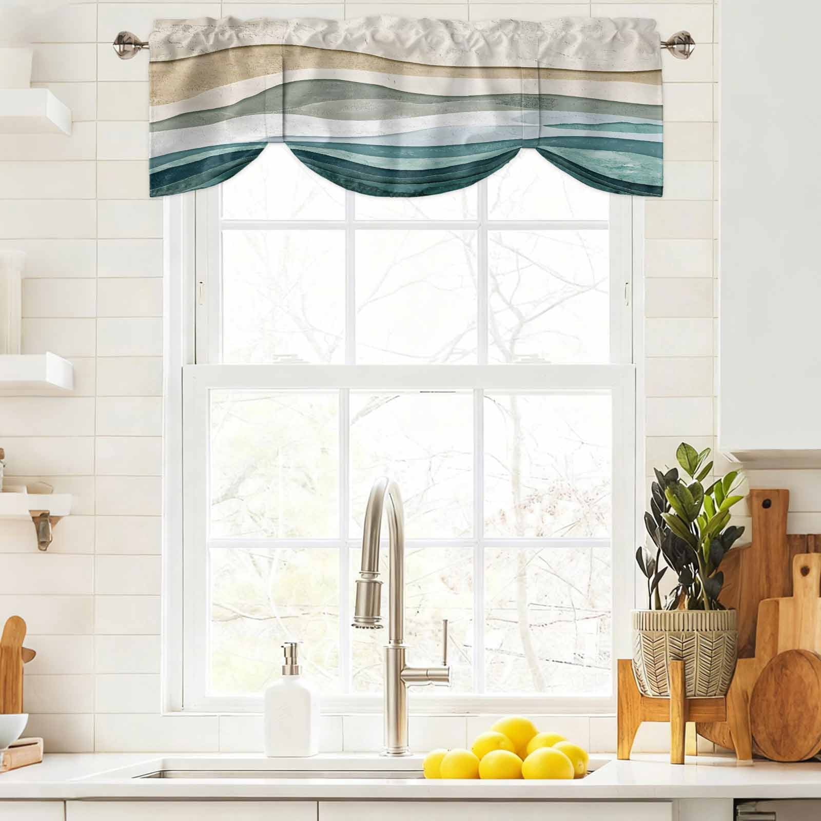 Abstract Wave Effect Tie Up Valances Curtain, Adjustable Kitchen Watercolor Blue Stripes Valances for Windows Decor, Rod Pocket Short Curtains Set for Bedroom/Bathroom, 54"x18"