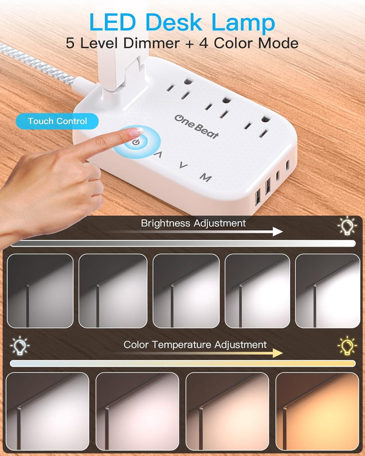 Small LED Desk Lamp Power Strip 5ft Exteion Cord with 3 Outlets 4 USB Ports(2 USB C), 4 Modes, 5 Level Touch Lamp Study Reading Light, Home Office Bedroom College Dorm Room Essentials,White