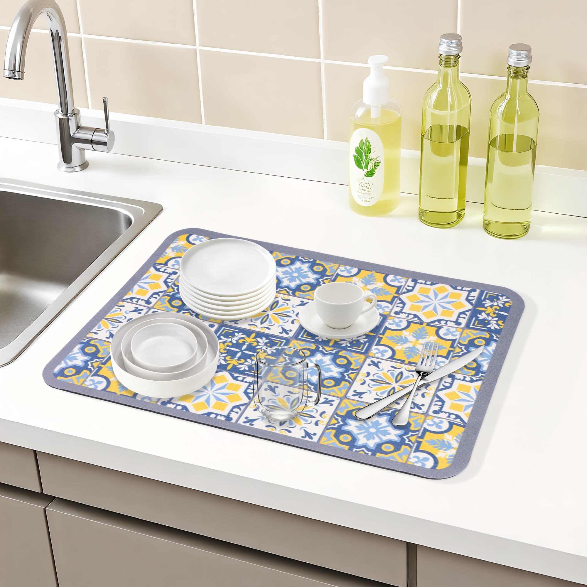 Unique Bargains Floral Design Dish Drying Mat for Dishes and Cups Yellow 15.7*11.8 inch