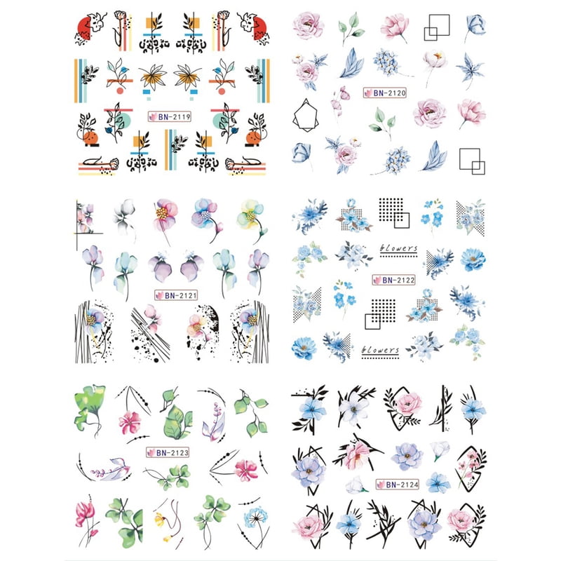 12pcs Geometry Flower Leaf Nail Stickers Line Graffiti Painted Colorful Water Decal Link Blooming Slider for Nail Decoration