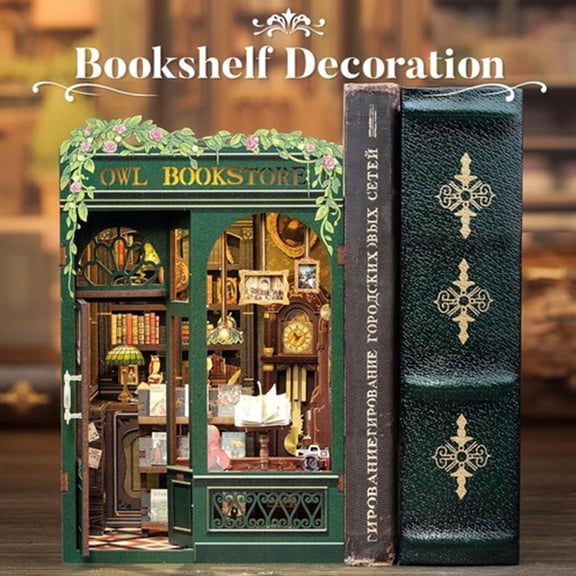 DIY Owl Bookstore Book Nook Kit with LED Light & Dust Cover - 3D Wooden Miniature House for Adults Teens, Bookshelf Insert Decor Craft Gift