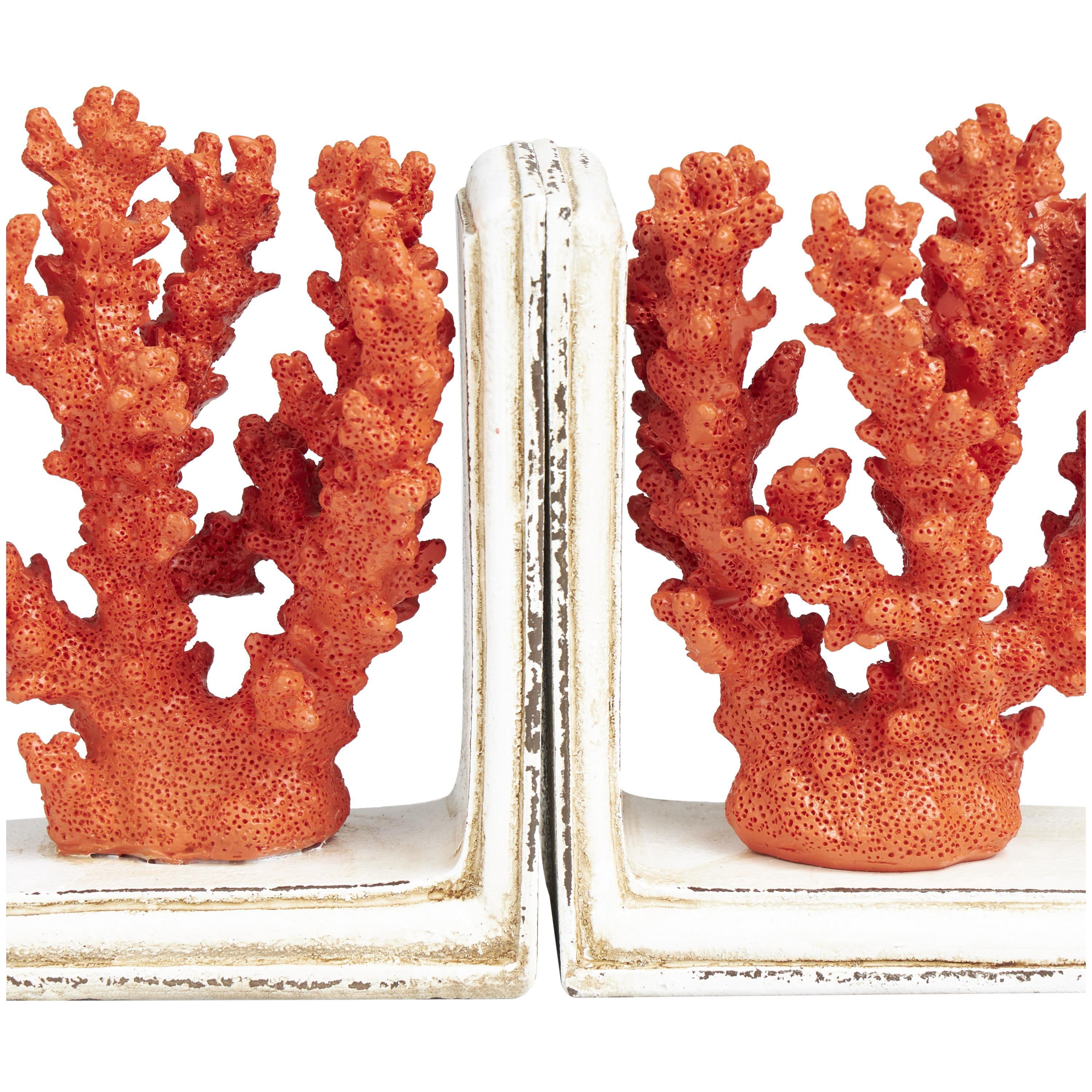DecMode 6" Textured Coral Orange Polystone Bookends with Cream Base (Set of 2)