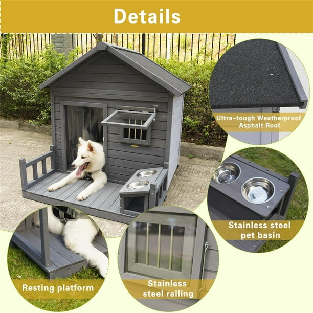 Pefilos 44 Outdoor Dog House Waterproof Puppy Shelter Indoor Doghouse with Elevated Floor Kennel for Small Medium Dogs with Porch Gray Walmart Business Supplies