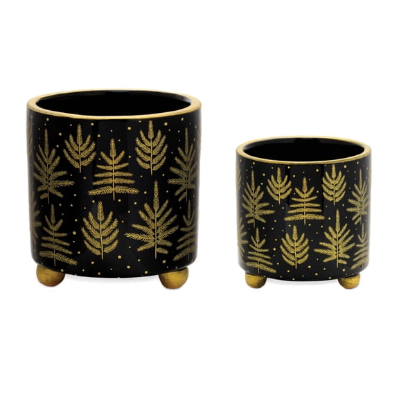 Melrose Footed Pine Tree Christmas Planters - 5.75" - Black and Gold - Set of 2