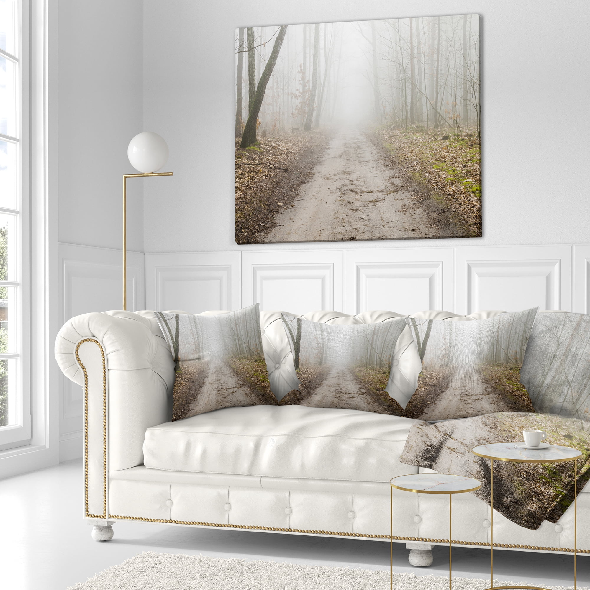 Designart Straight Forest Road in Fall - Landscape Photo Throw Pillow - 18x18