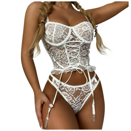 

YDKZYMD Women s Sexy 3 Pieces Lingerie Bra And Panty Set Plus Size Sheer Bodysuit Underwear Teddy Lace Chemise With With Garter Belt Babydoll Sets