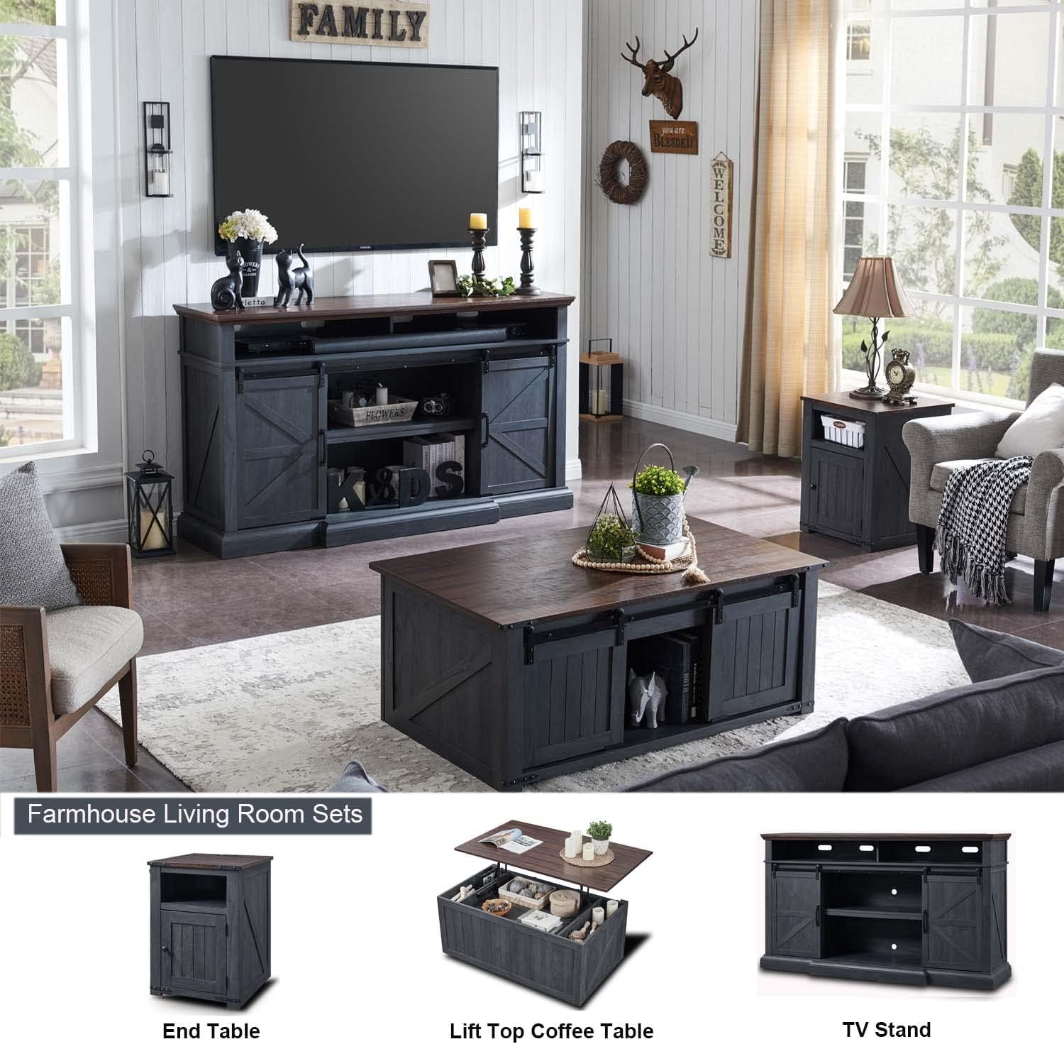 SinCiDo 37" Tall Entertainment Center, Farmhouse TV Stand for 80 Inch TVs w/Double Sliding Barn Door, Media Console Cabinet and Adjustable Shelves