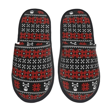 Balery Vintage Maple Leaf with Skull Pattern Slient Indoor Furry Fleece Comfort House Shoes Soft Non-Slip Home Shoes Cotton slippers House Slippers-- Large